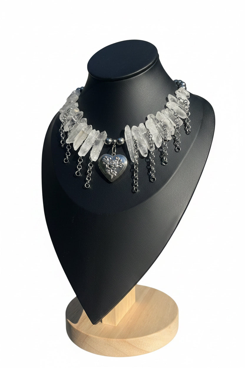 Handmade white quartz crystal statement necklace with silver chains and rose heart locket
