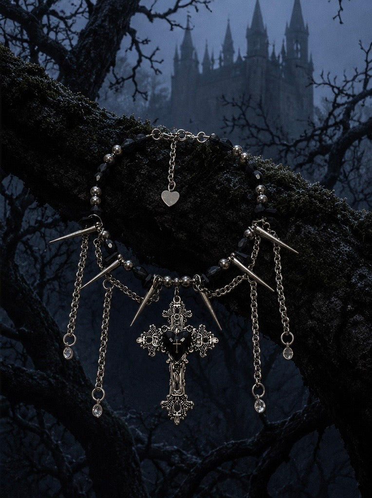 Black Heart Gothic Cross Necklace