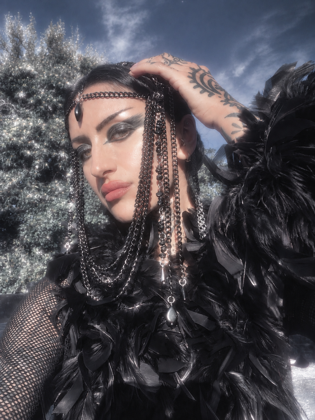 Black crystal and chain gothic headpiece inspired by black swans and crows by Nix Jewelry.