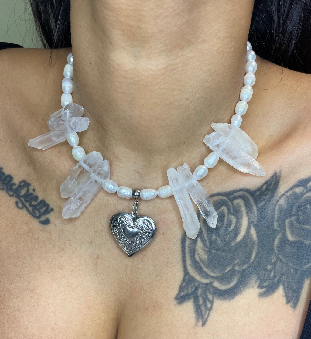 Pearl & Clear Quartz Heart Necklace