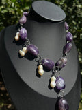 Amethyst and freshwater pearl statement necklace with natural purple stones and dangling pearls