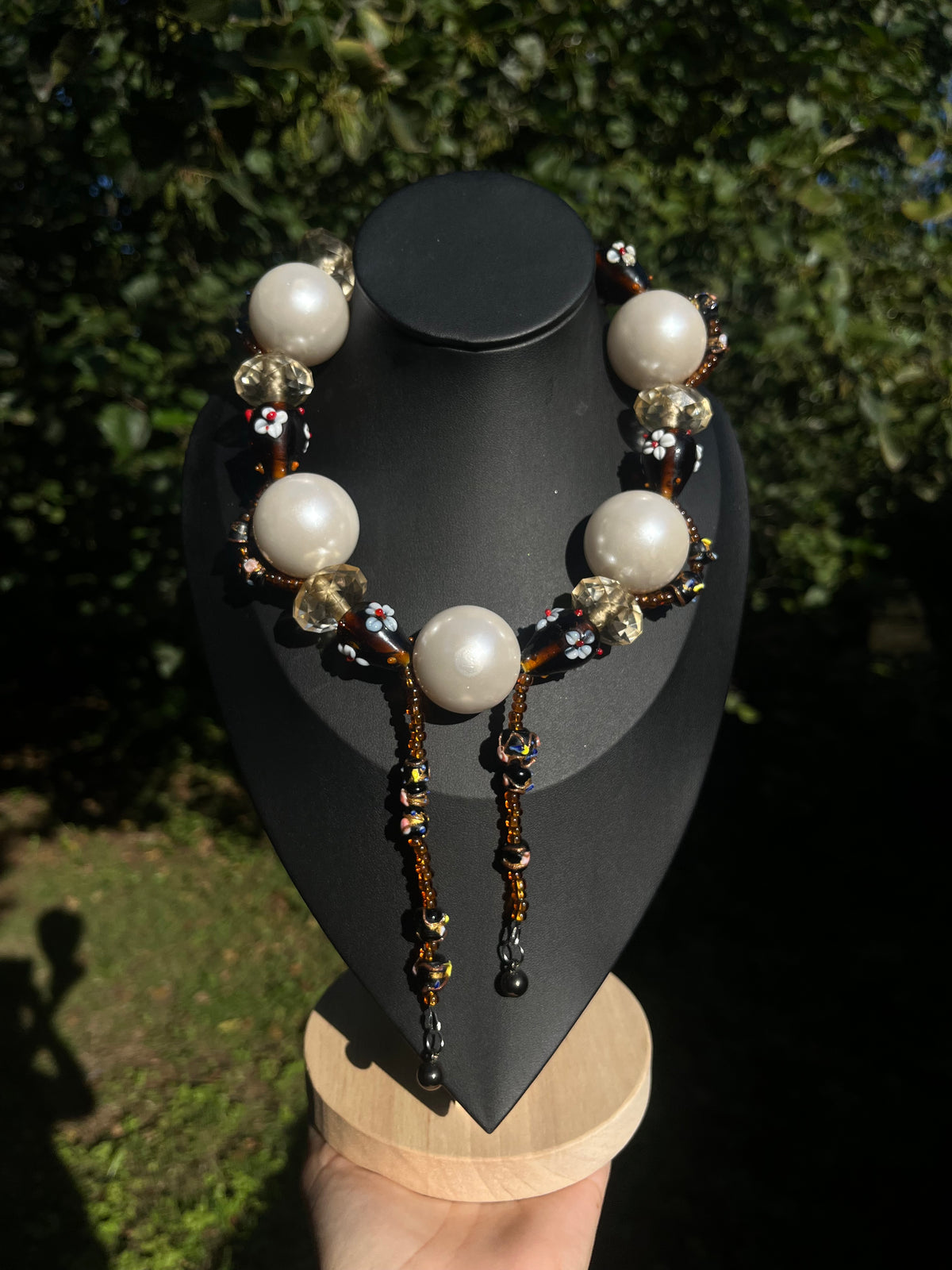 One-of-a-kind vintage necklace with ivory pearl-effect beads, faceted champagne glass beads and floral lampwork glass beads