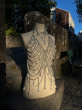 Pearl and crystal dress adornment with cascading chains by Nix Jewelry