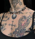 Gothic silver necklace with black faceted charms silver spikes and heart pendant