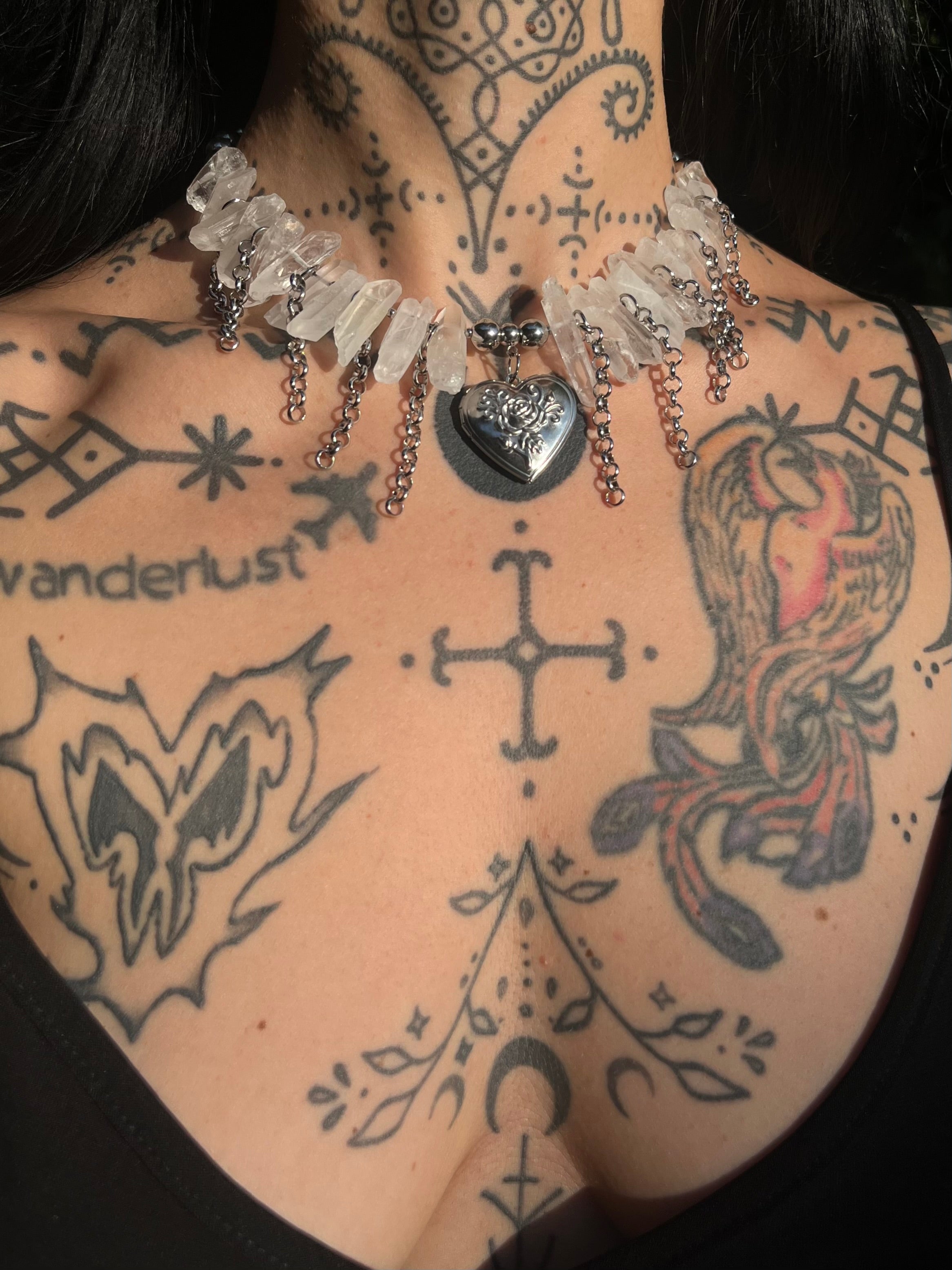 Handmade white quartz crystal statement necklace with silver chains and rose heart locket