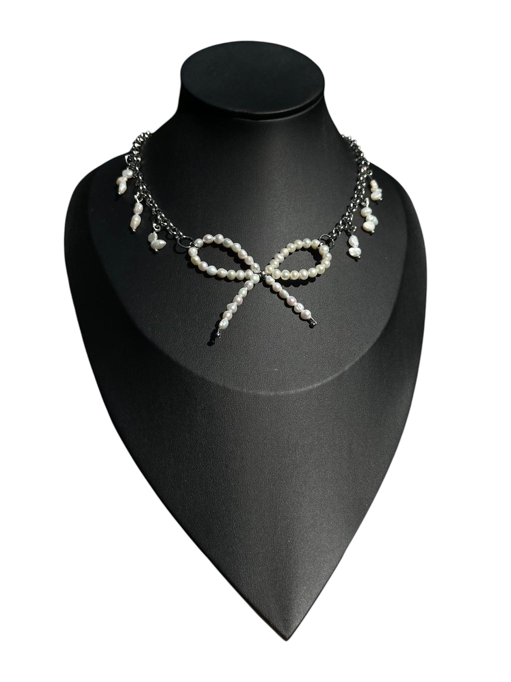 Pearl Love Knot Necklace with natural freshwater pearls and stainless steel chain