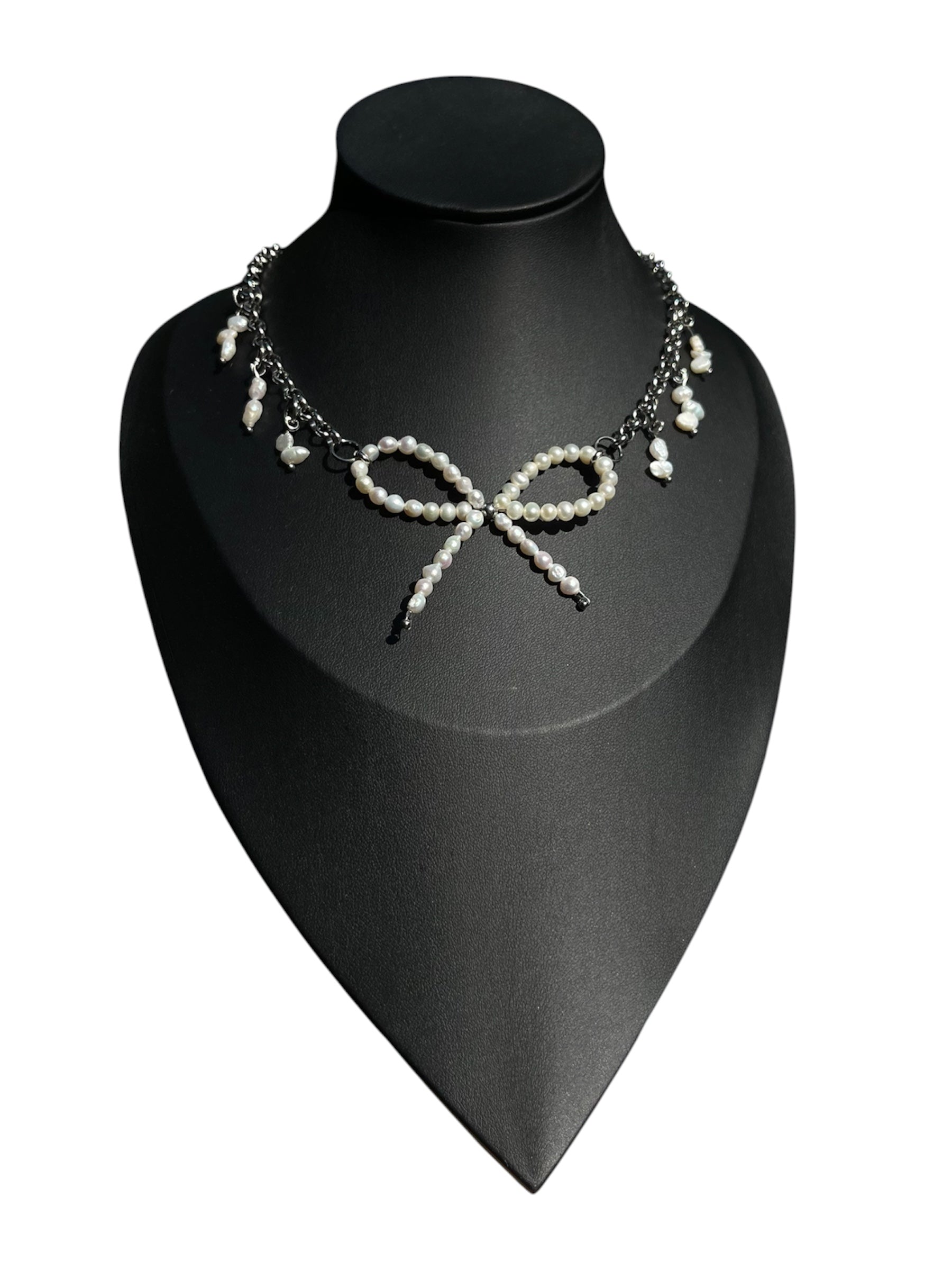 Pearl Love Knot Necklace with natural freshwater pearls and stainless steel chain