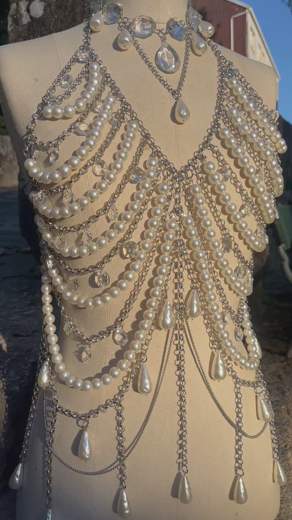 Pearl and crystal dress adornment with cascading chains by Nix Jewelry
