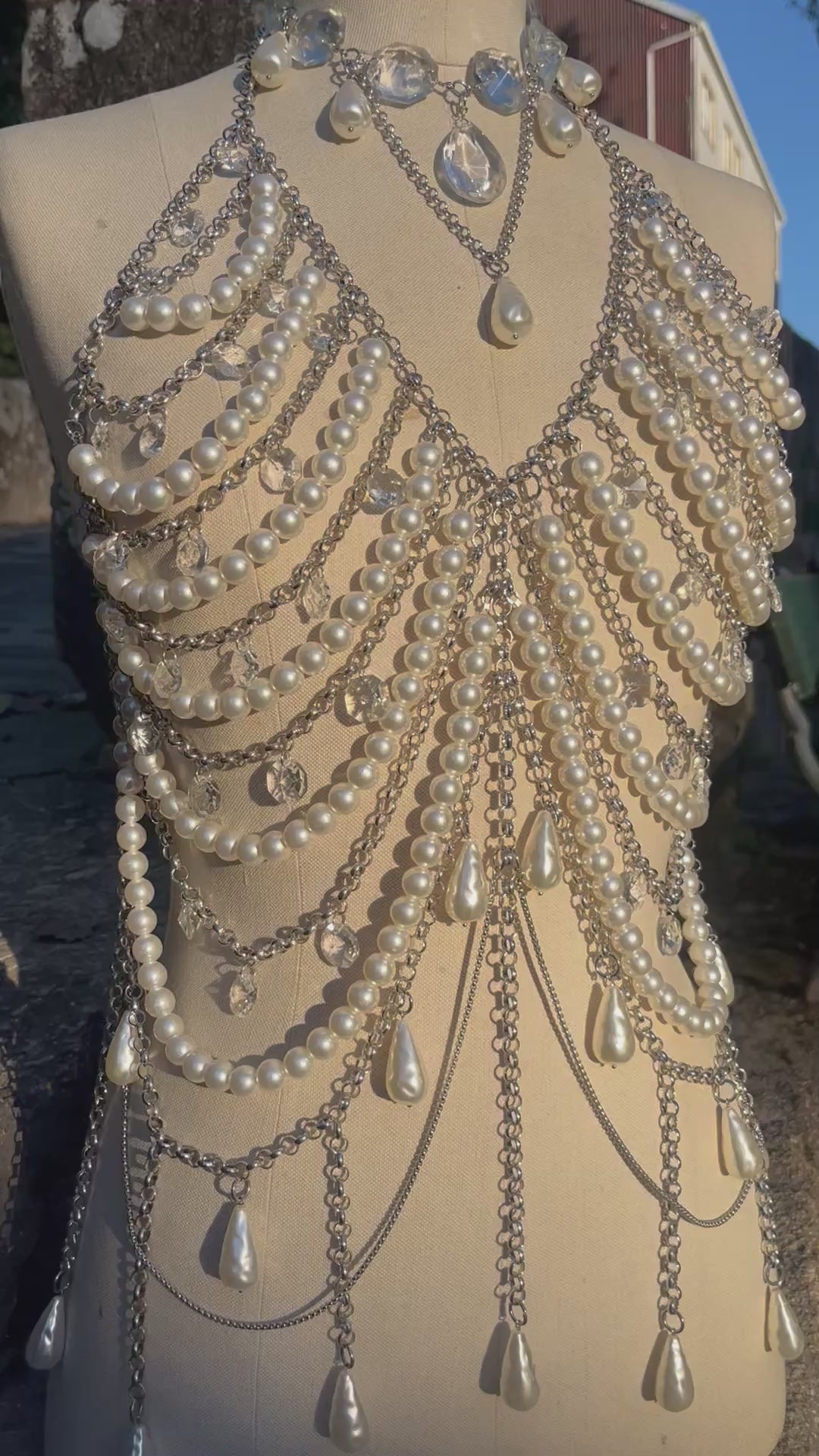 Pearl and crystal dress adornment with cascading chains by Nix Jewelry